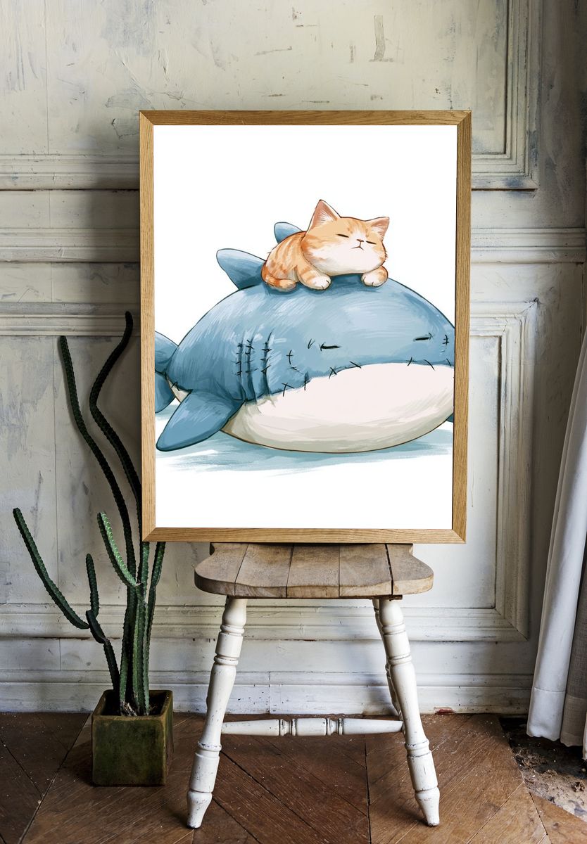 Sleepy Cat on Shark Illustration Poster. room preview