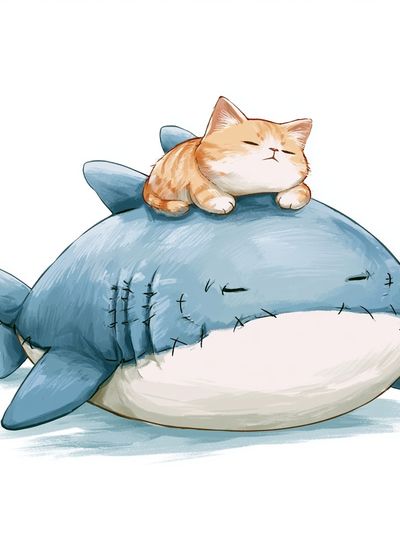 Sleepy Cat on Shark Illustration Poster. poster