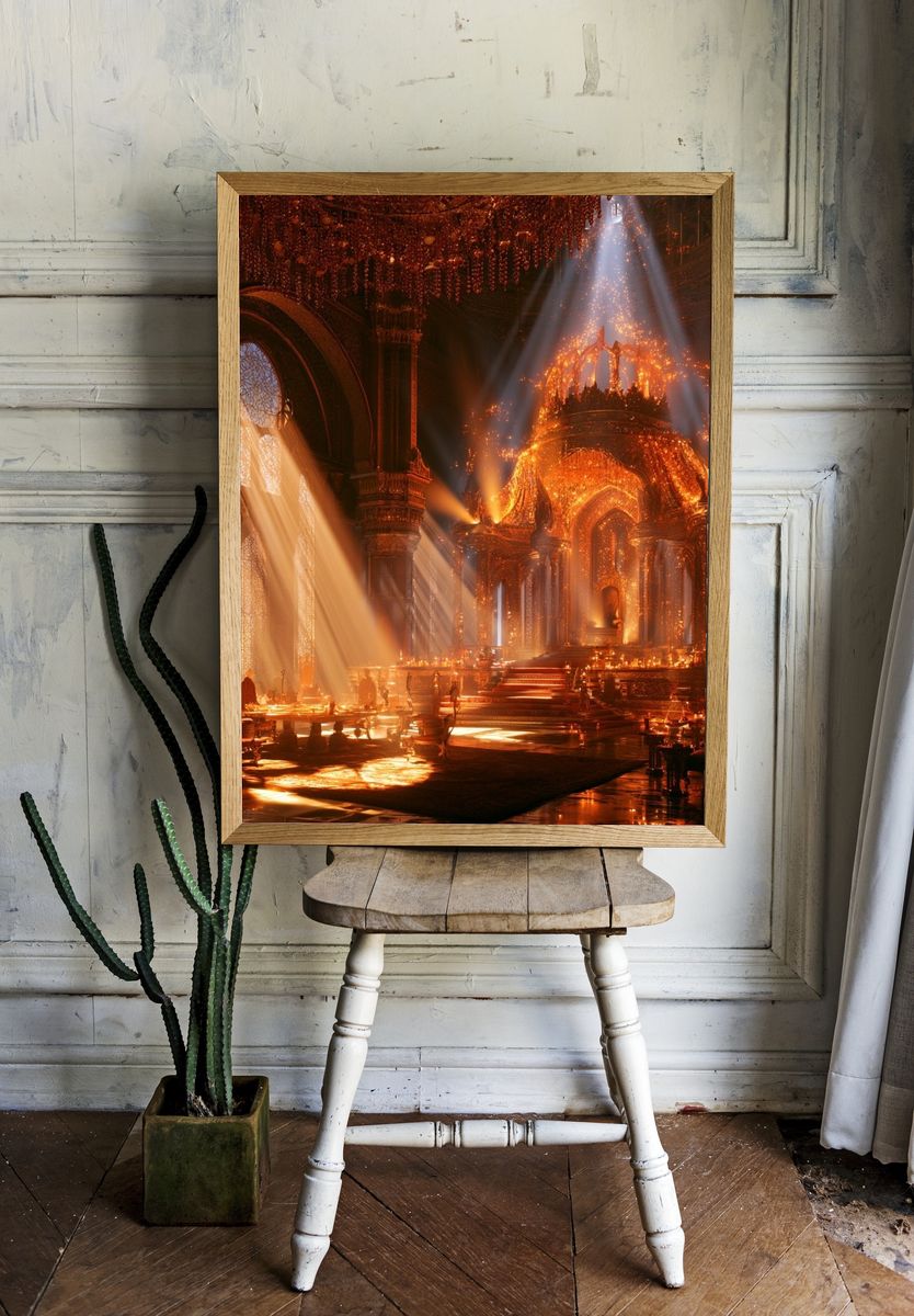 Burning Cathedral Hall Illustration Print. room preview