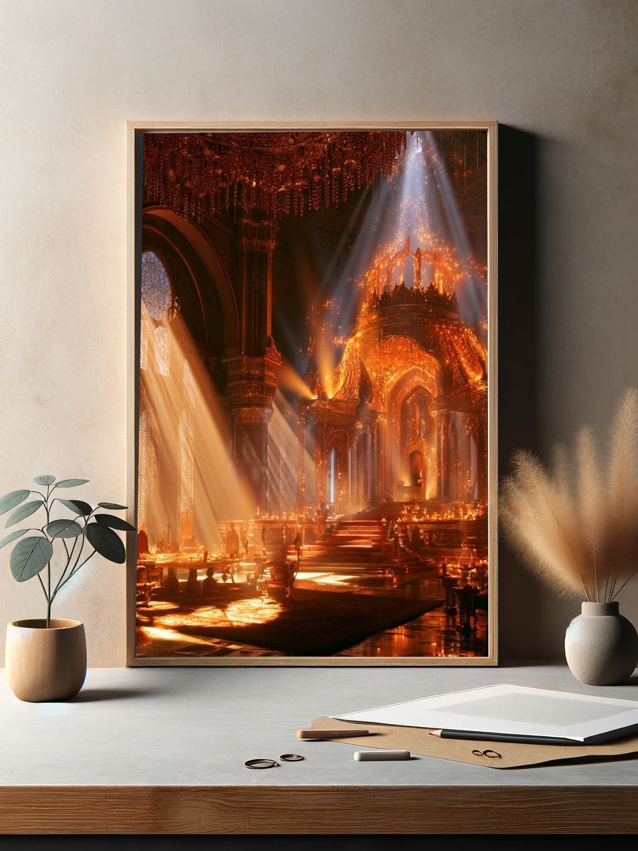 Burning Cathedral Hall Illustration Print. — room view 2