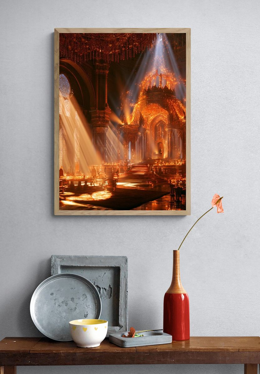 Burning Cathedral Hall Illustration Print. — room view 3