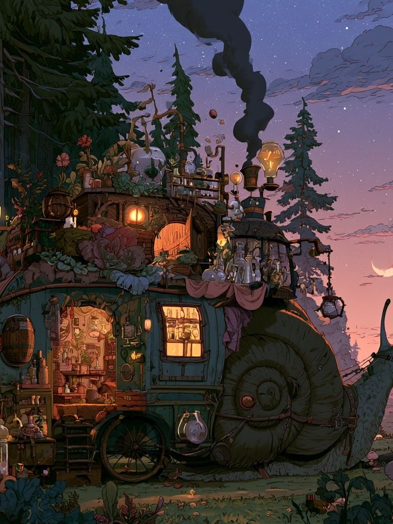 Whimsical Snail Cottage Illustration Poster. poster detail