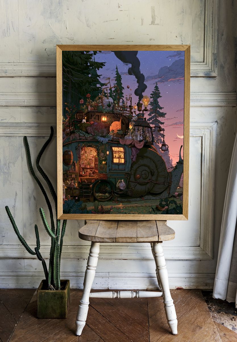 Whimsical Snail Cottage Illustration Poster. room preview