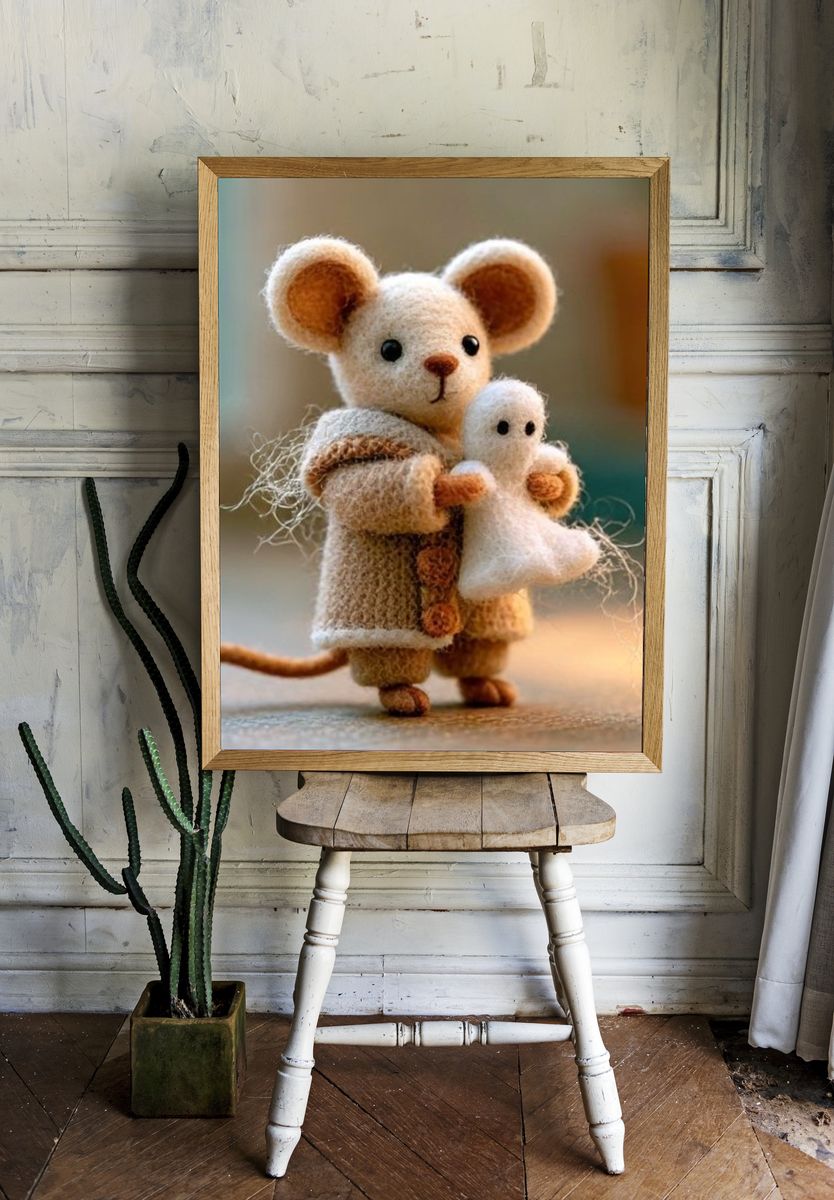 Knitted Mouse and Ghost Illustration Poster. — room view 1