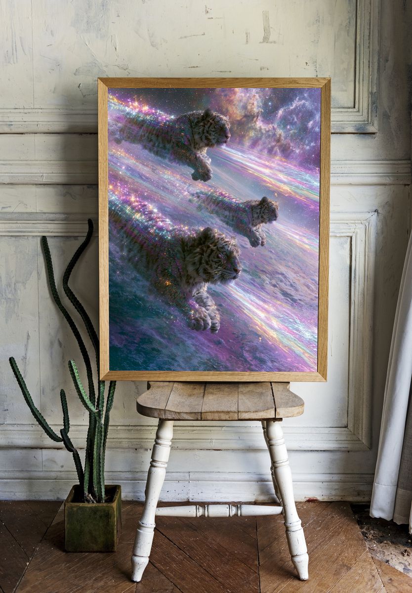 Cosmic Tigers Digital Art Poster. — room view 1