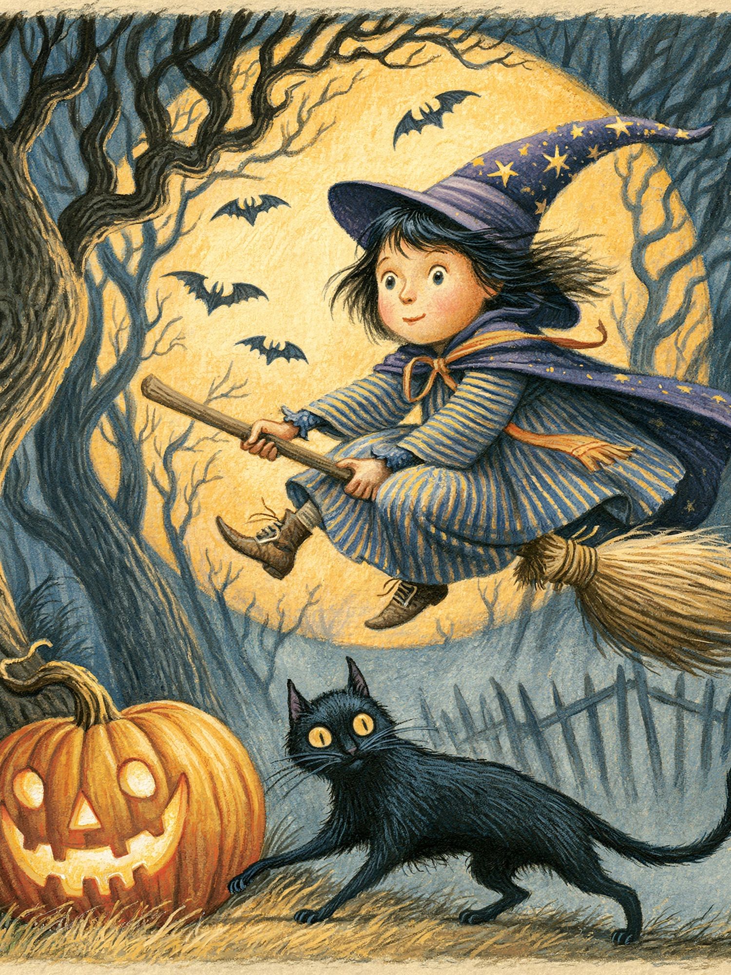 Halloween Witch and Cat Illustration Poster. poster detail