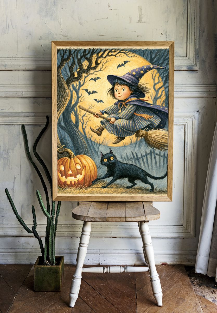 Halloween Witch and Cat Illustration Poster. — room view 1