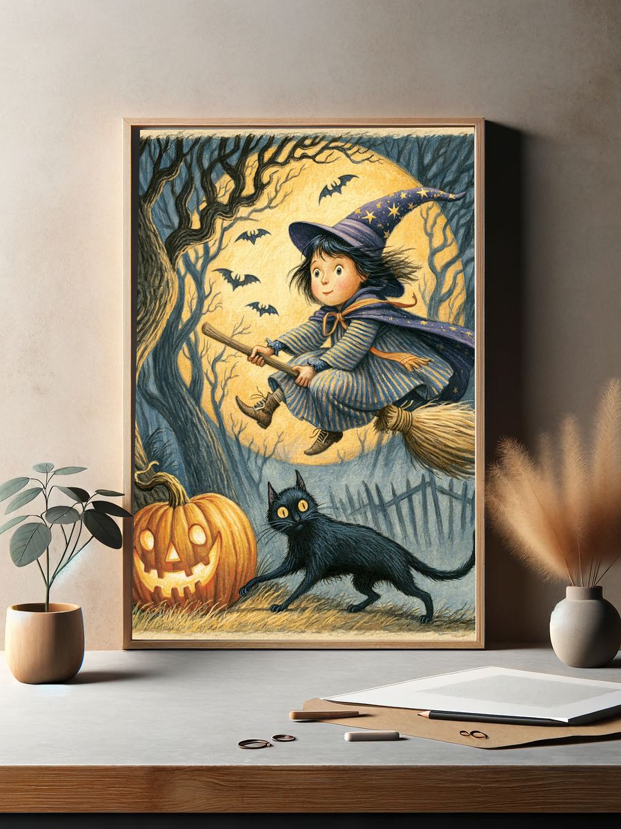Halloween Witch and Cat Illustration Poster. — room view 2