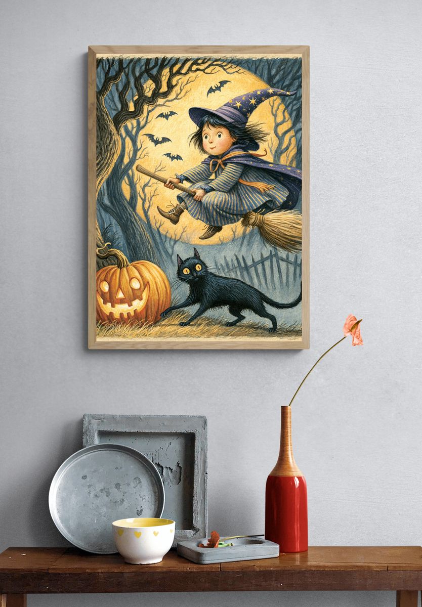 Halloween Witch and Cat Illustration Poster. — room view 3