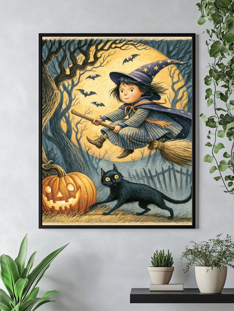 Halloween Witch and Cat Illustration Poster. — room view 4