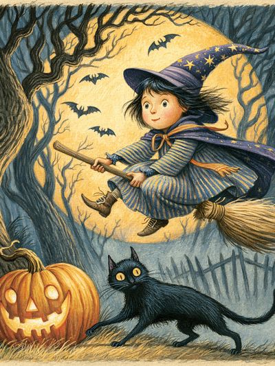 Halloween Witch and Cat Illustration Poster. poster