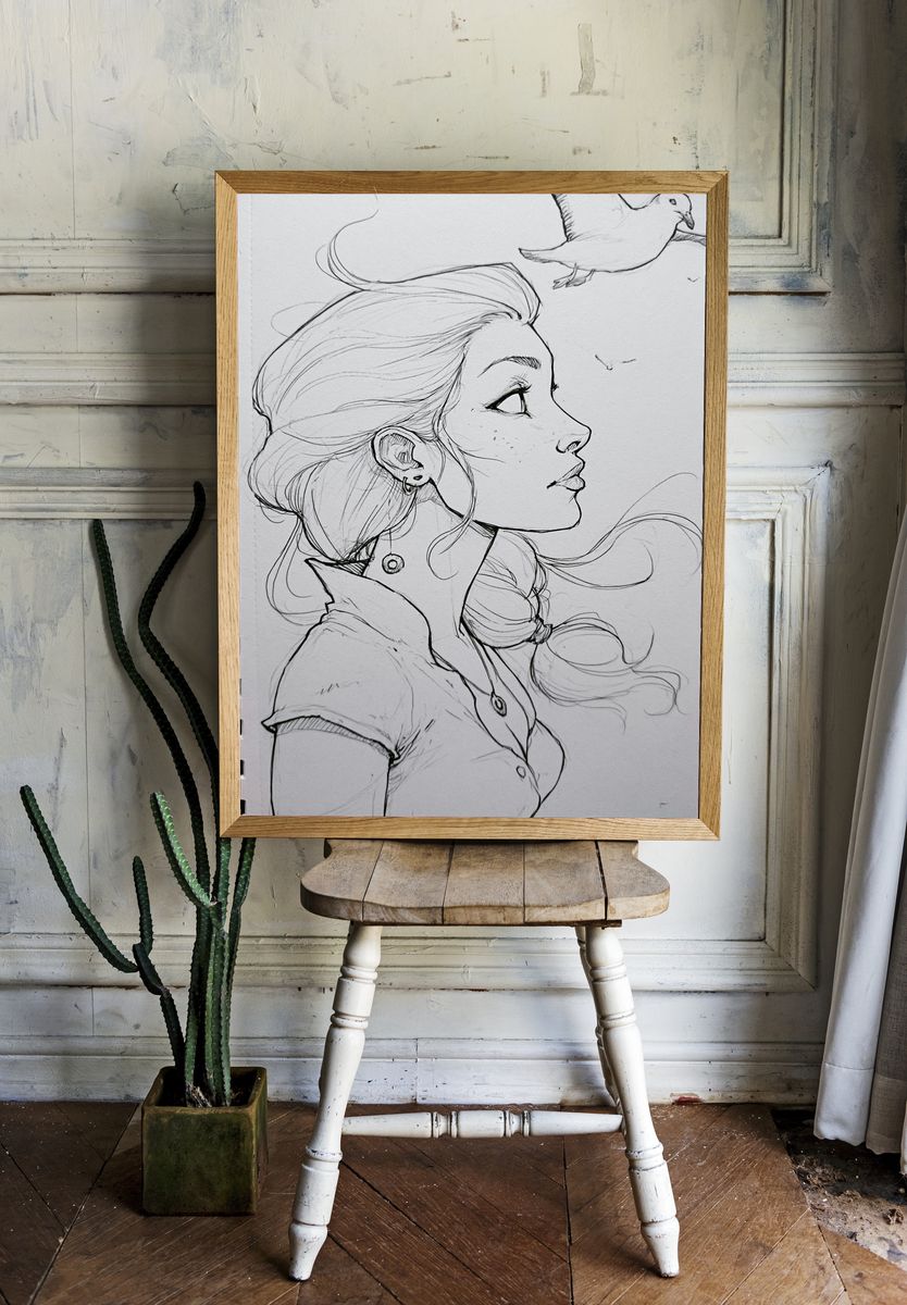 Girl and Dove Sketch Poster. room preview