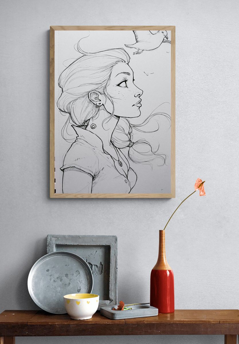 Girl and Dove Sketch Poster. — room view 3
