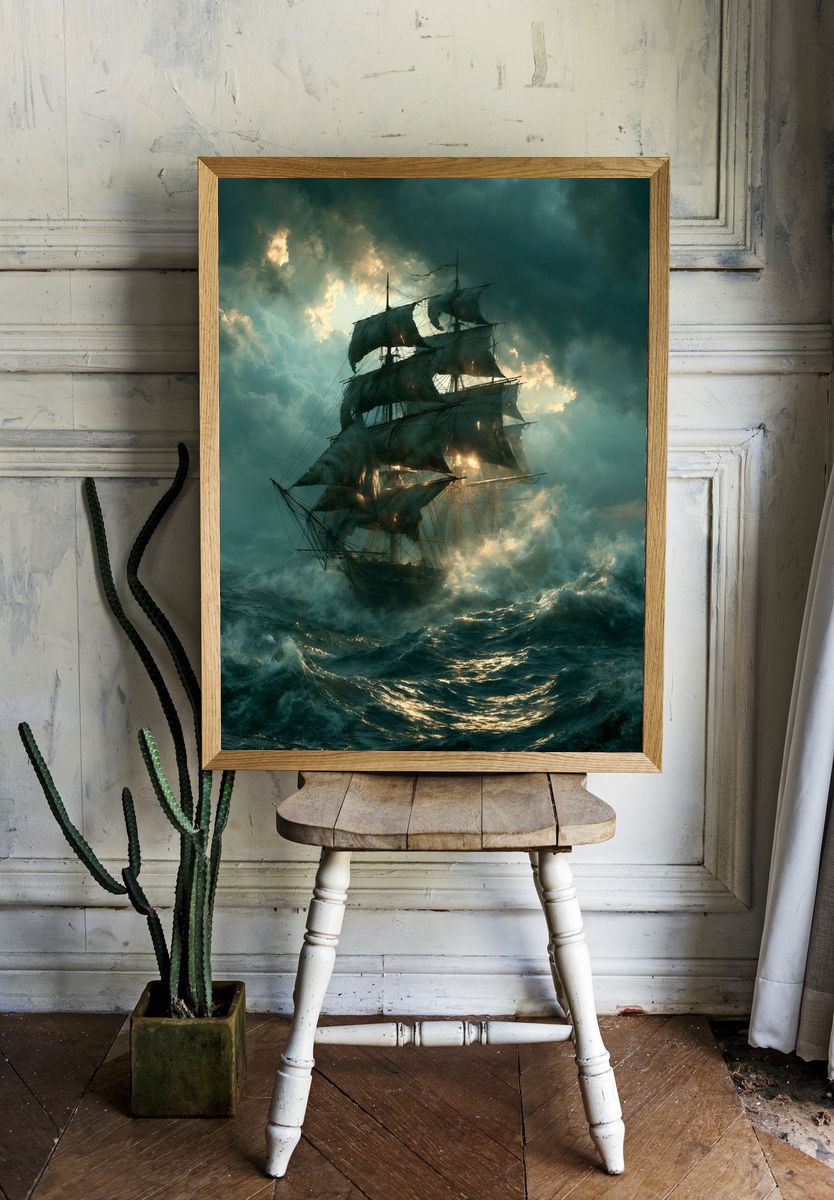 Stormy Tall Ship Illustration Poster. room preview