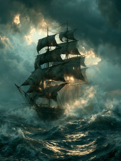 Stormy Tall Ship Illustration Poster.