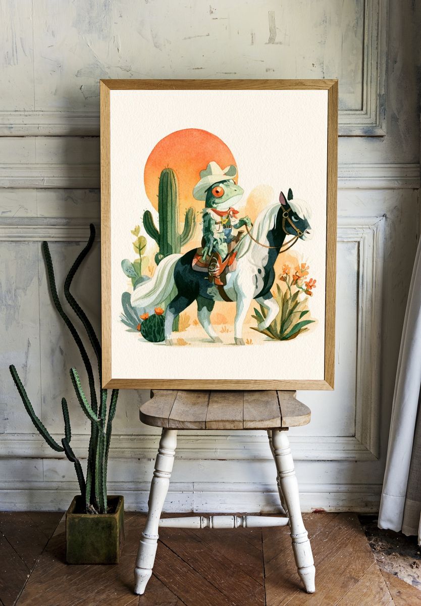 Cowboy Frog Watercolor Print. room preview