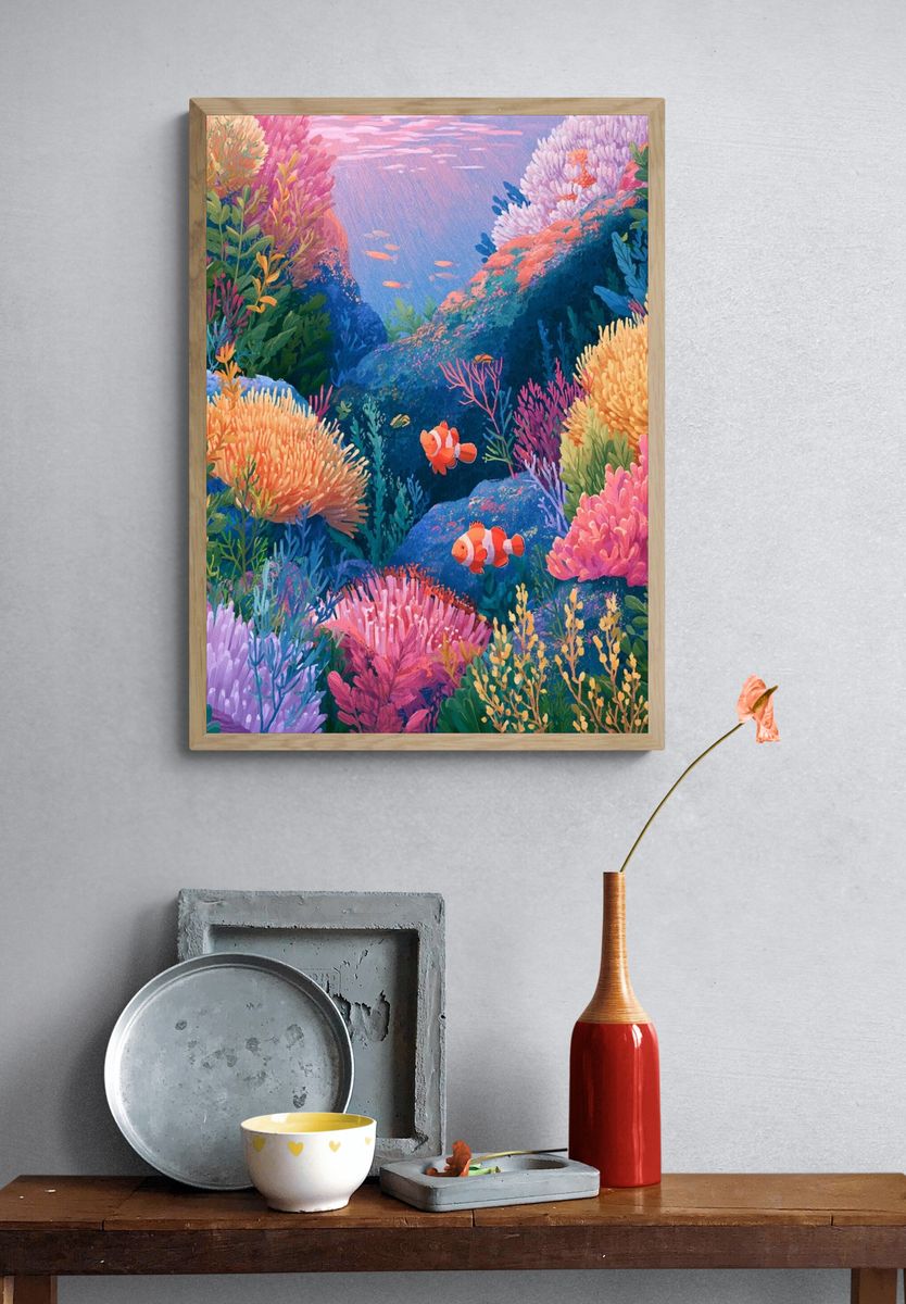 Coral Reef Clownfish Illustration Poster. — room view 3
