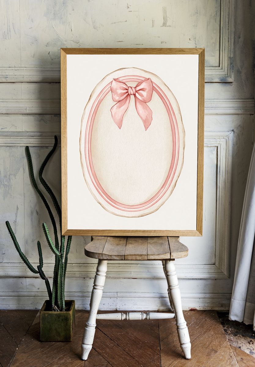 Pink Bow Oval Watercolor Print. room preview