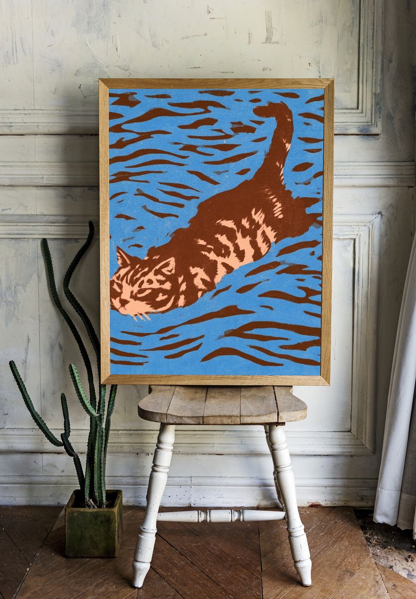 Swimming Cat Illustration Poster. — room view 1
