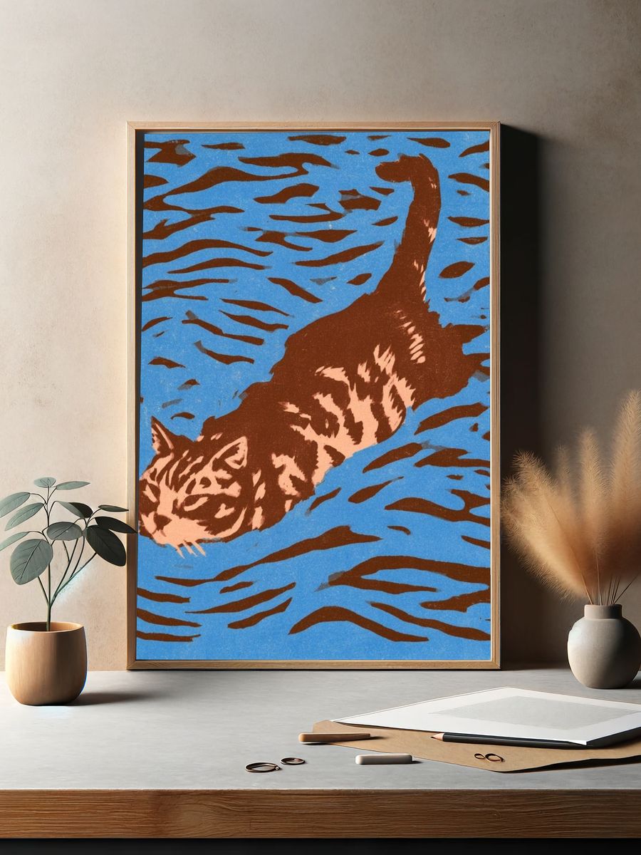 Swimming Cat Illustration Poster. — room view 2
