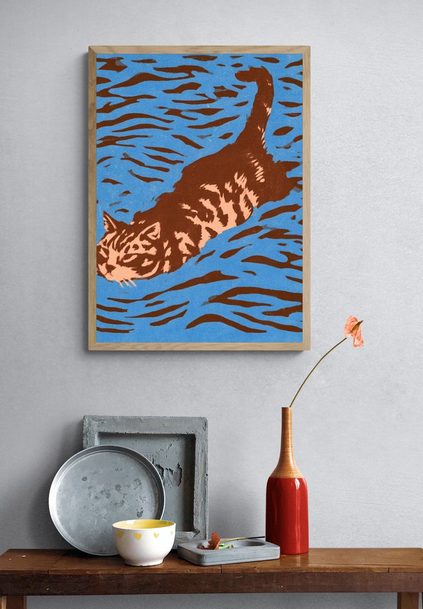 Swimming Cat Illustration Poster. — room view 3