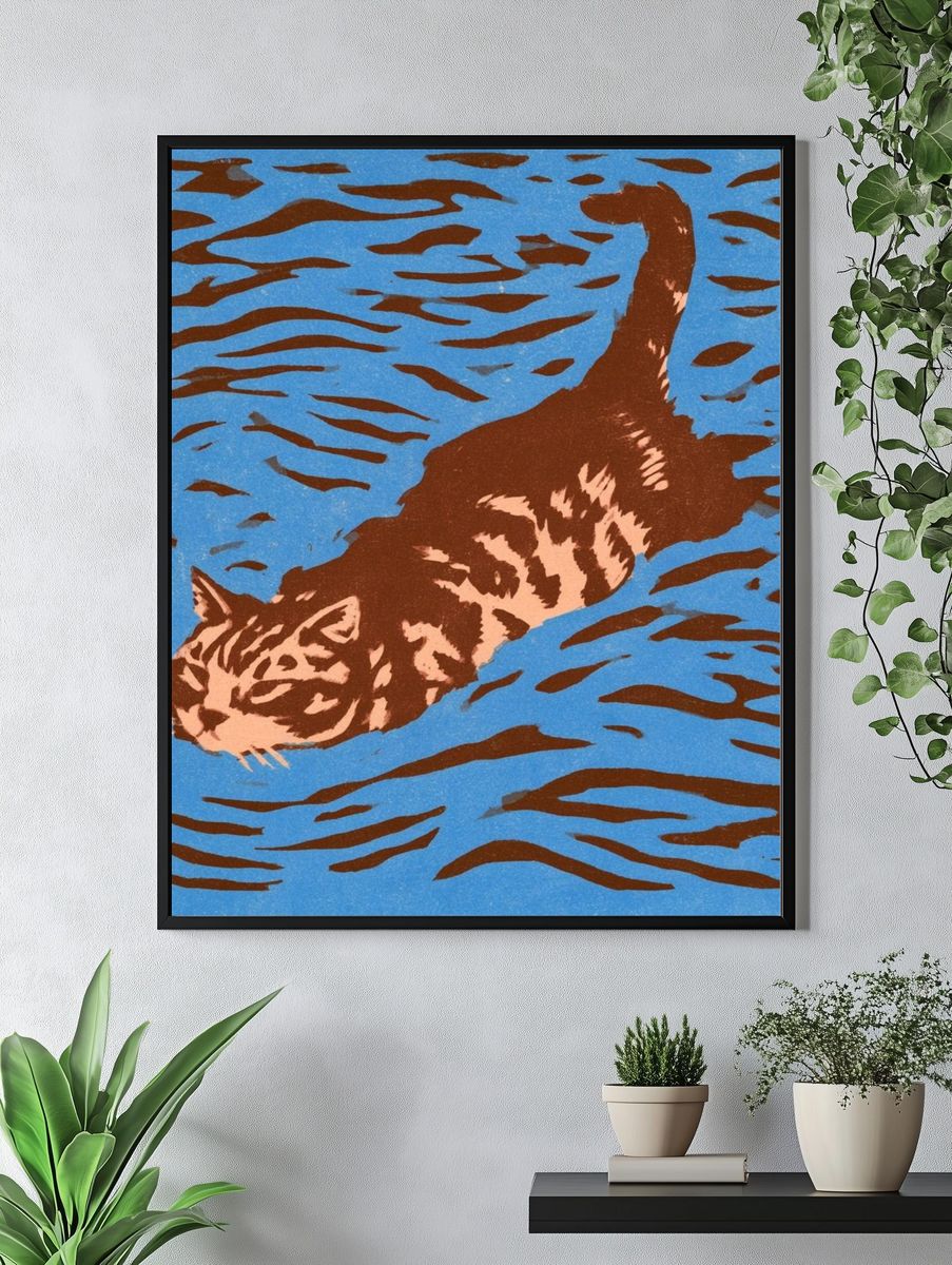 Swimming Cat Illustration Poster. — room view 4