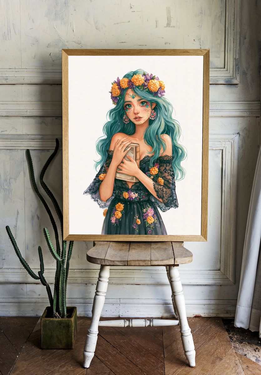 Floral Girl Watercolor Poster. room preview