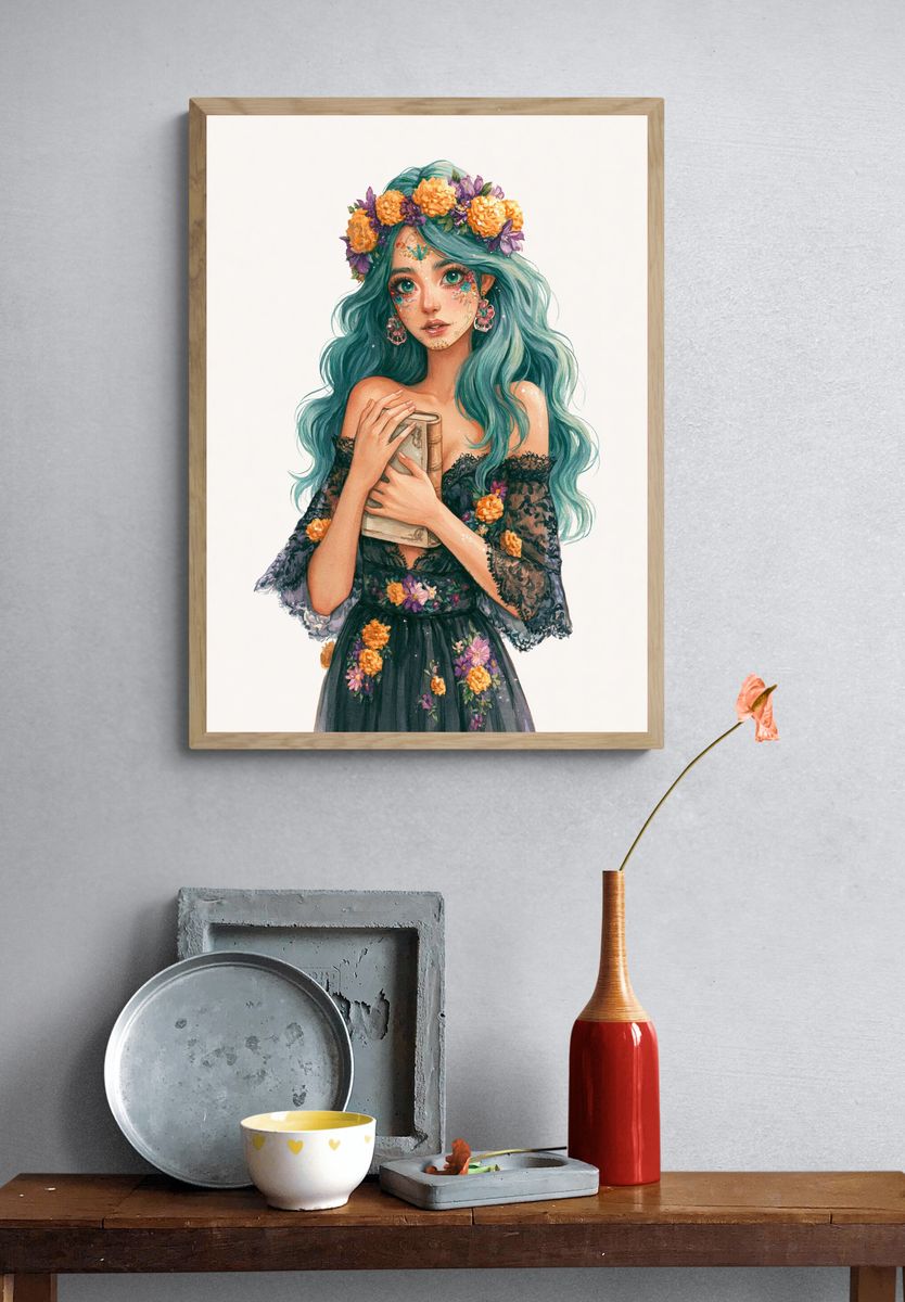 Floral Girl Watercolor Poster. — room view 3