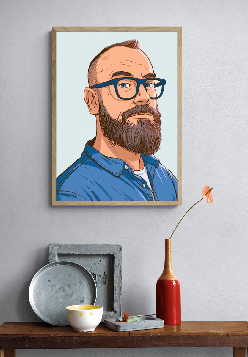 Bearded Man Portrait Illustration Poster. — room view 3