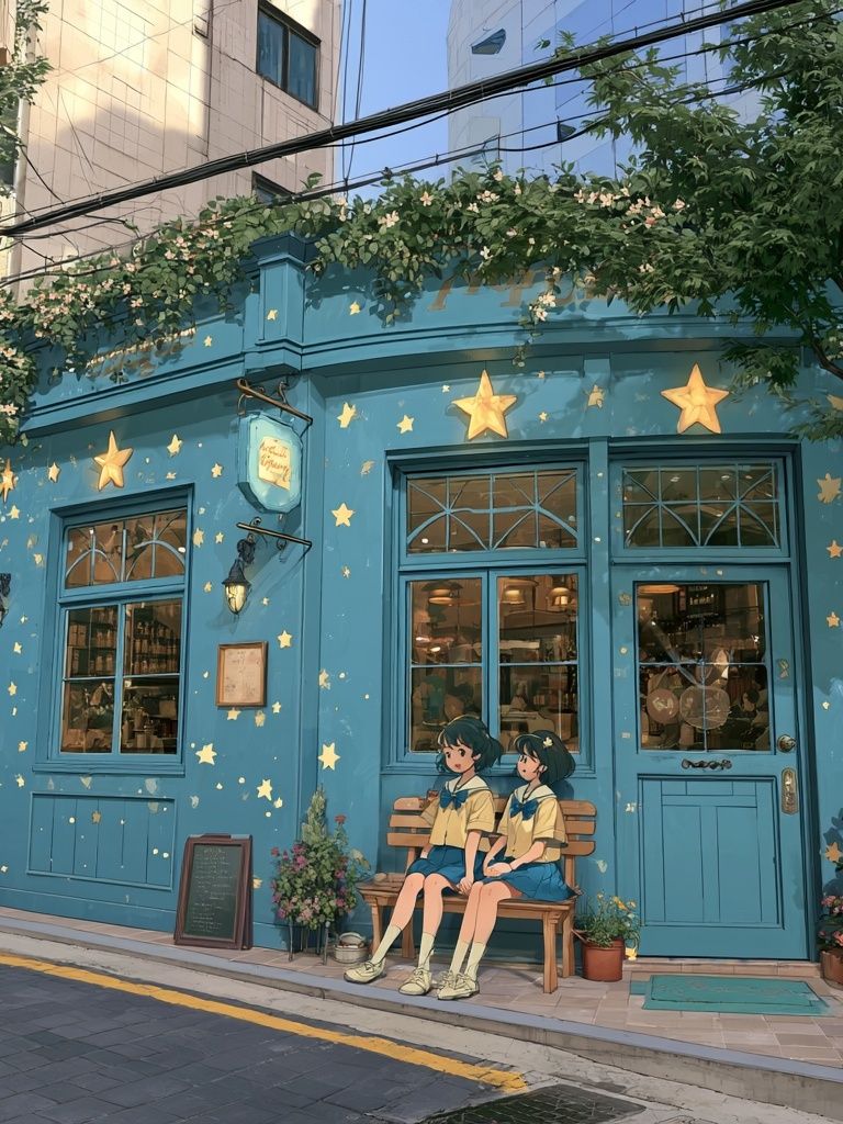 Blue Cafe Street Scene Illustration Poster. poster — illustration art