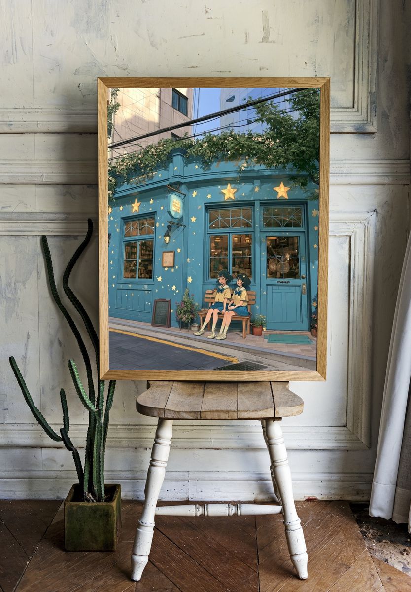 Blue Cafe Street Scene Illustration Poster. room preview