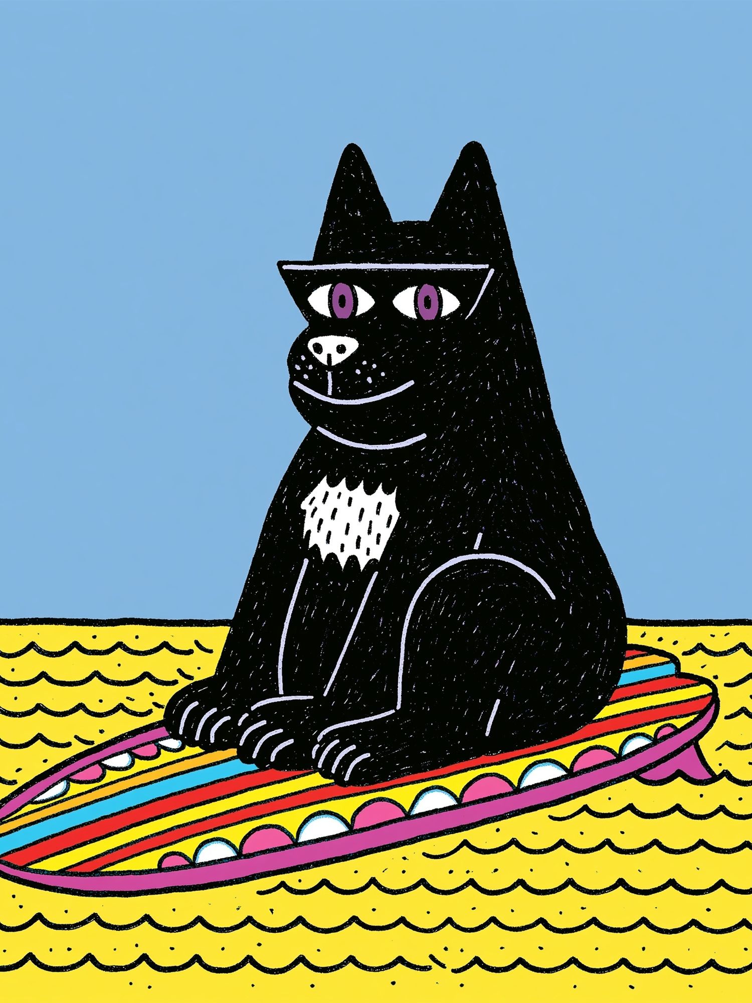 Black Cat Surfboard Illustration Poster. poster — illustration art