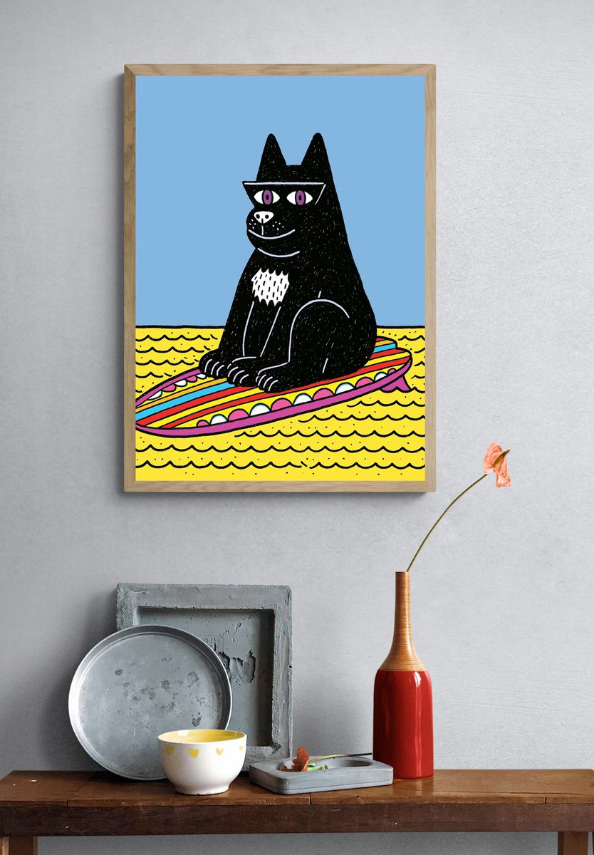 Black Cat Surfboard Illustration Poster. — room view 3