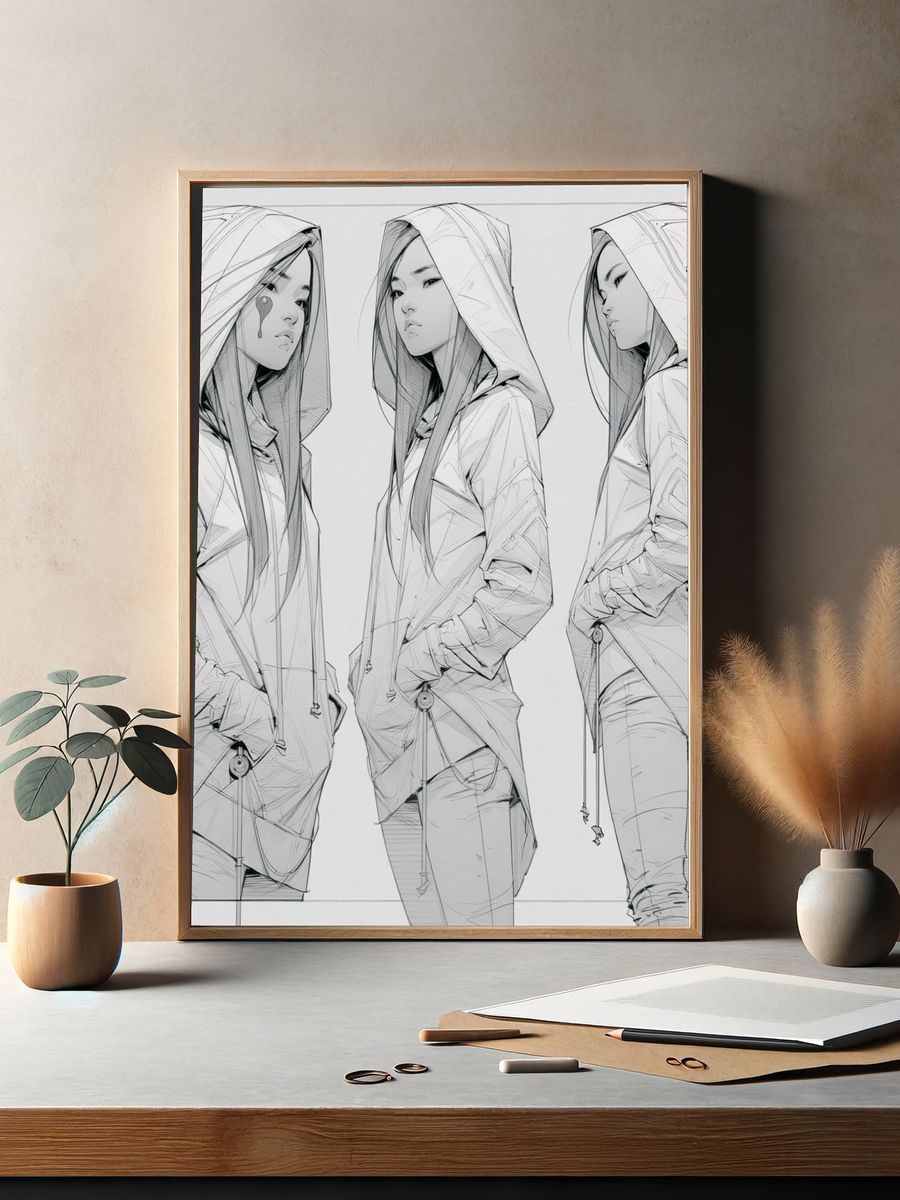 Hooded Fashion Figure Illustration Poster. — room view 2