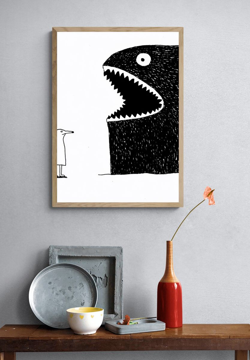 Surreal Bird and Monster Illustration Poster. — room view 3
