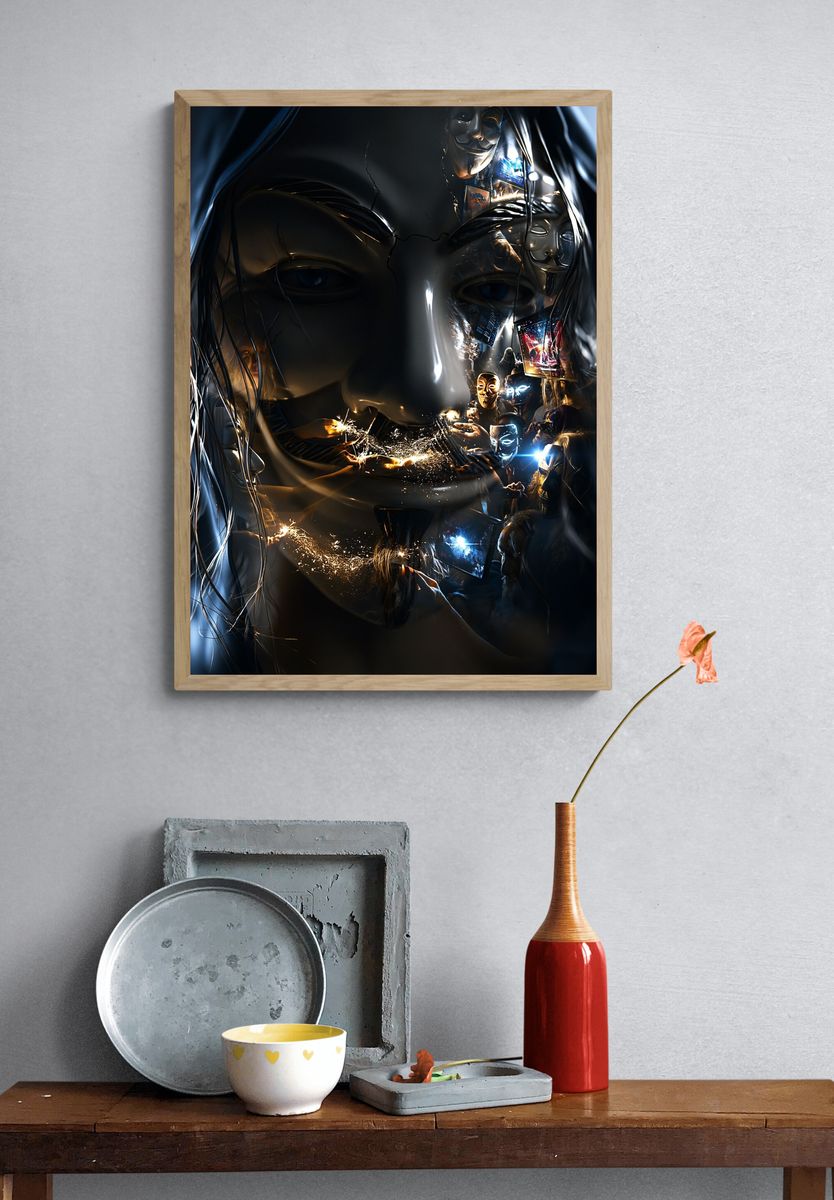 Masked Faces Digital Art Poster. — room view 3