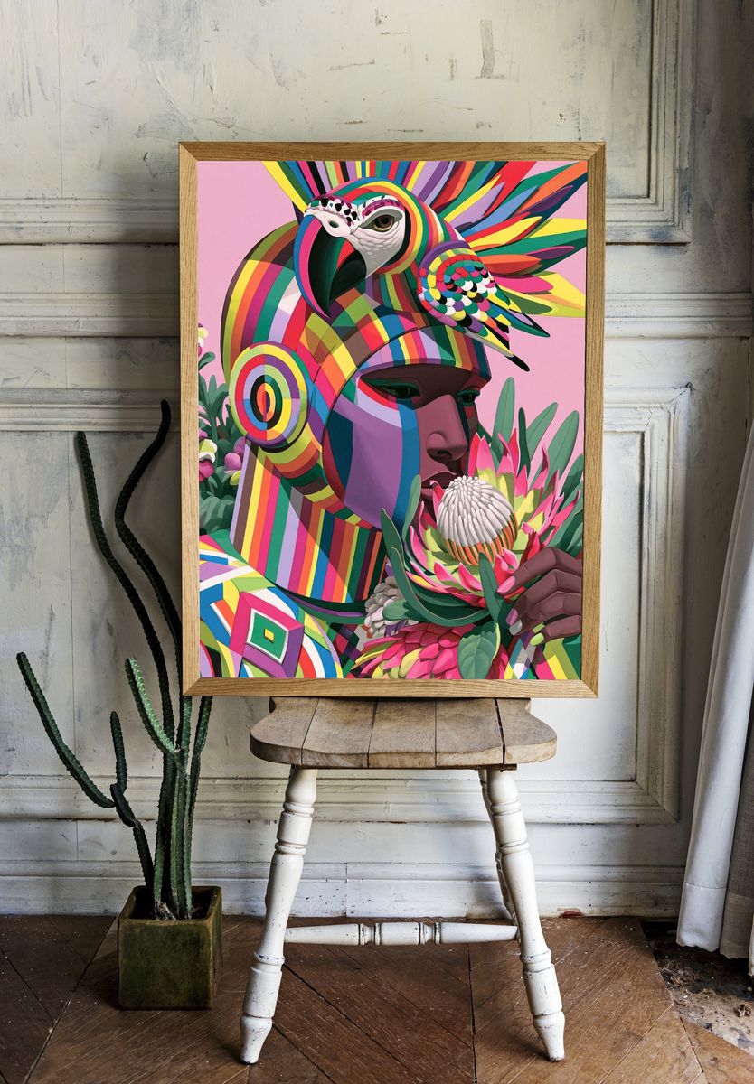 Rainbow Parrot Portrait Print. — room view 1