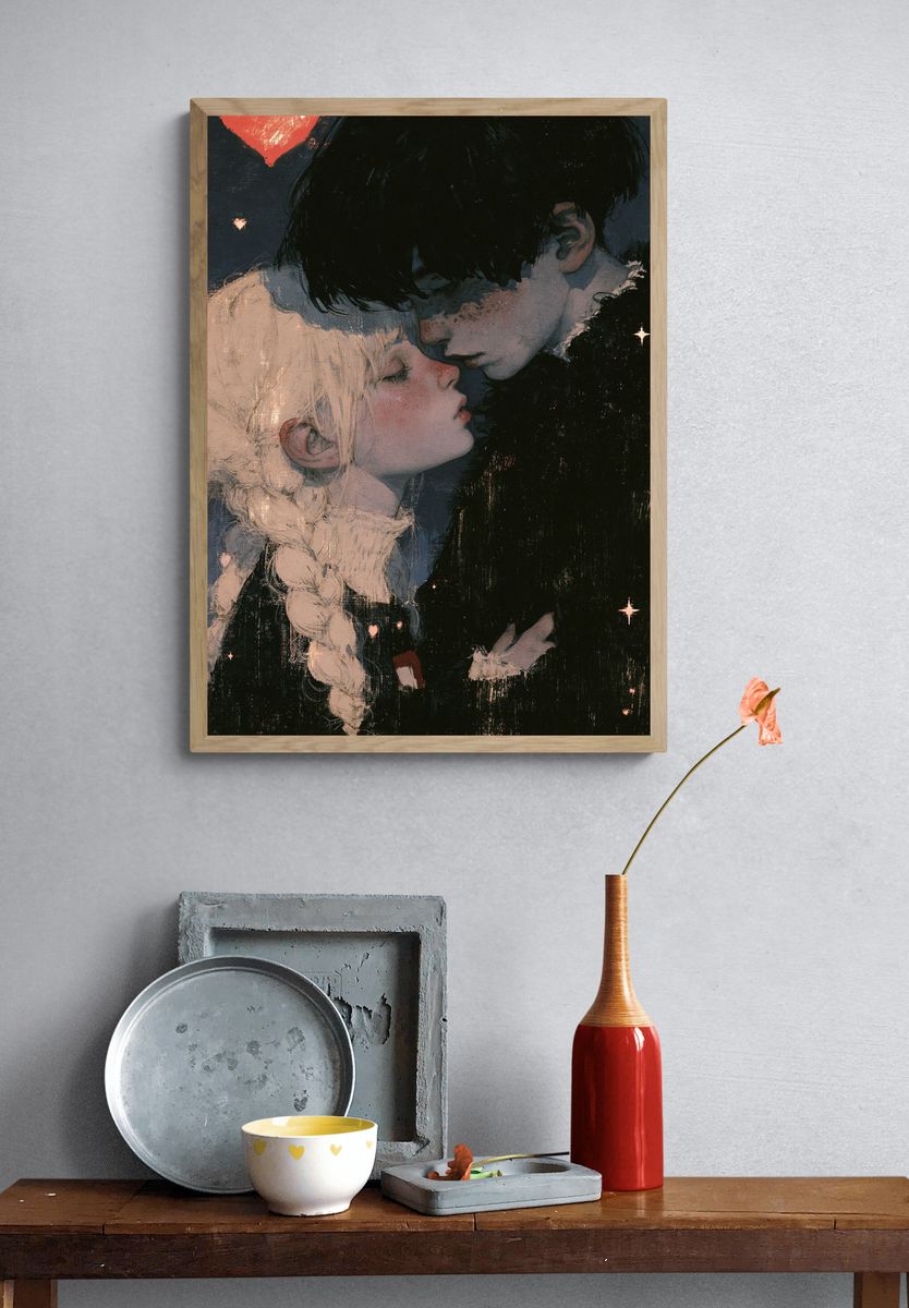 Moonlit Lovers Illustration Poster. — room view 3