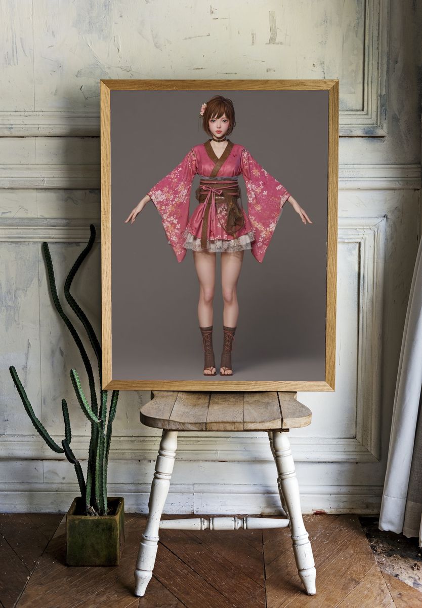 Pink Kimono Fashion Illustration Print. room preview