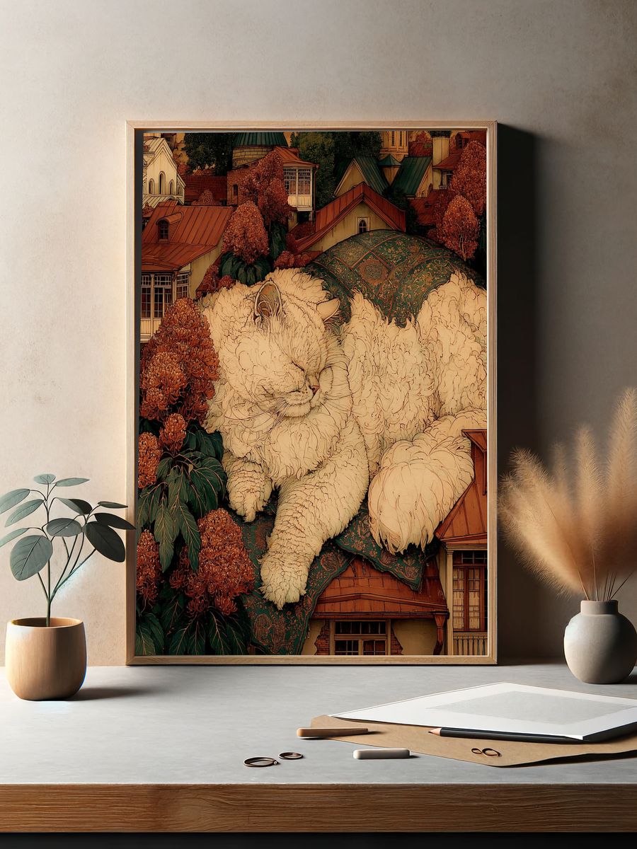 Sleeping Cat Village Illustration Poster. — room view 2