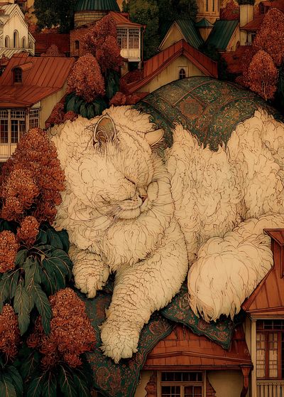 Sleeping Cat Village Illustration Poster. poster print
