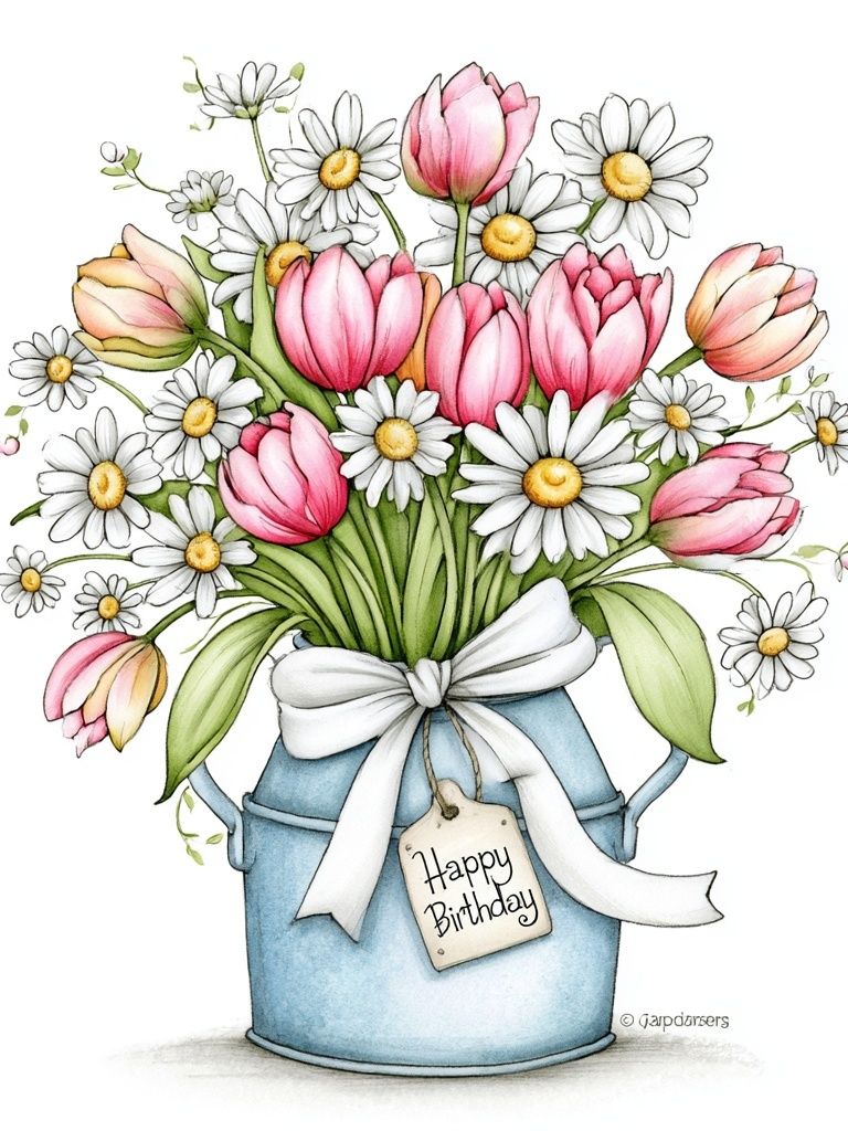 Birthday Tulips and Daisies Illustration Poster. poster detail