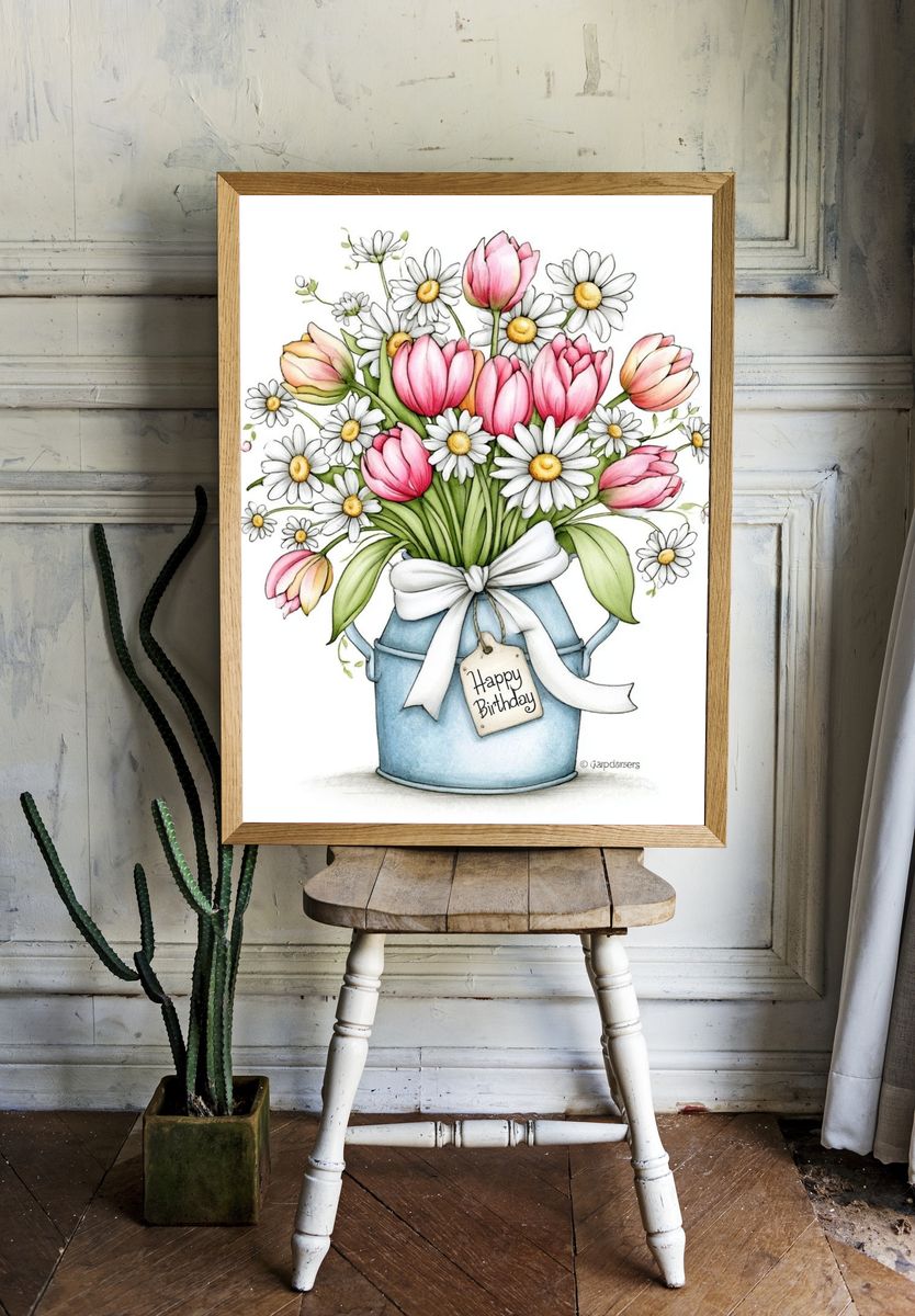 Birthday Tulips and Daisies Illustration Poster. room preview