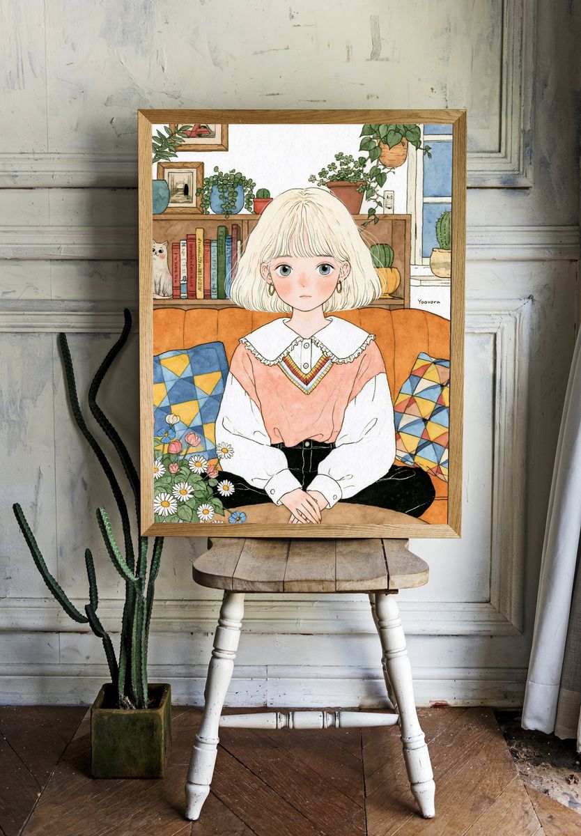 Blonde Girl in Cozy Room Illustration Poster. room preview