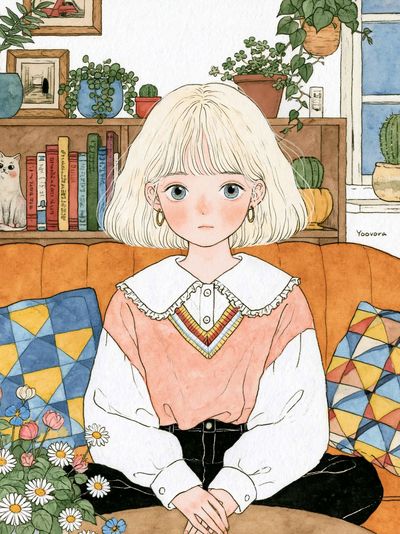 Blonde Girl in Cozy Room Illustration Poster. poster