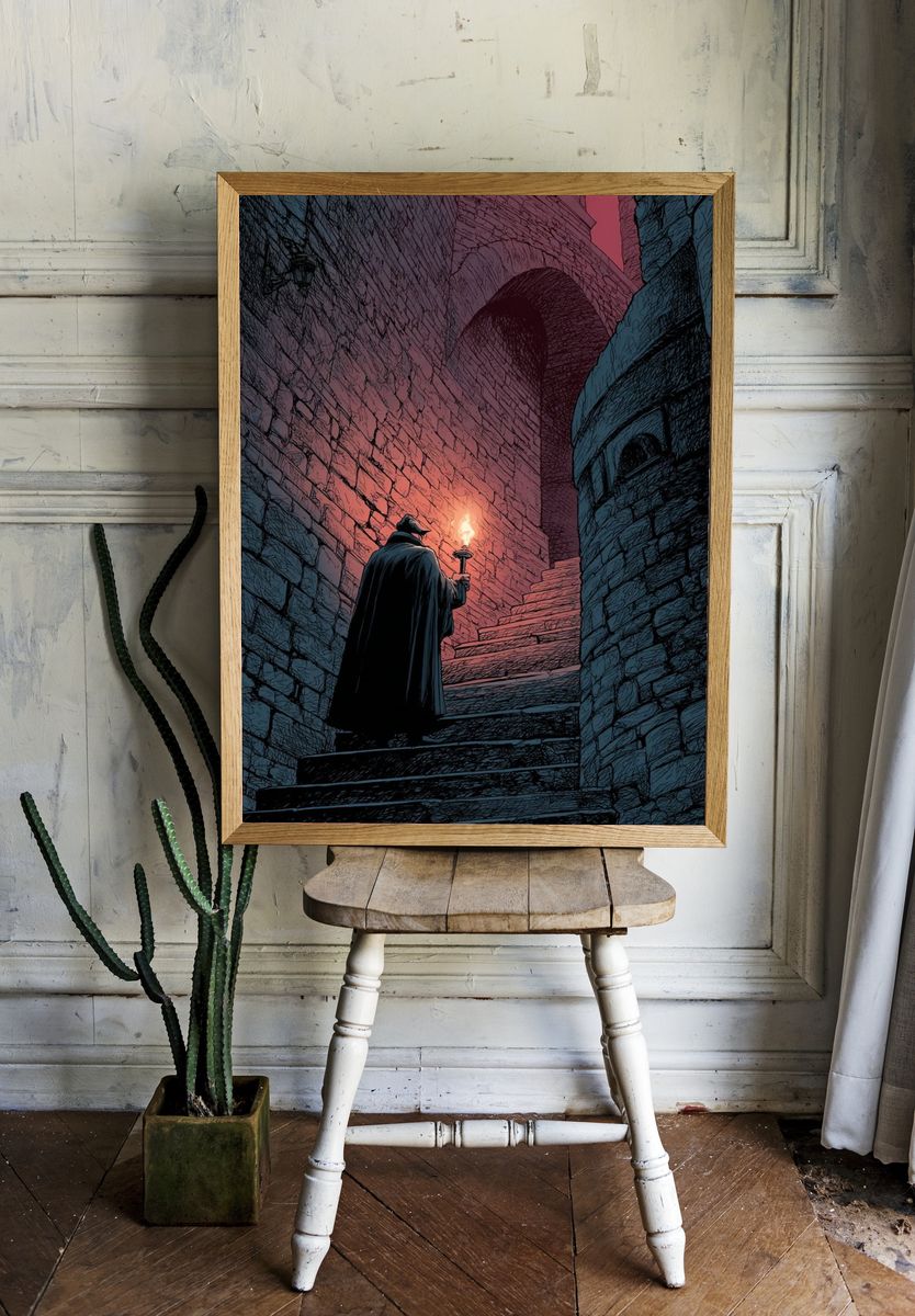 Torchlit Castle Stairway Illustration Poster. — room view 1