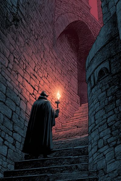 Torchlit Castle Stairway Illustration Poster. poster