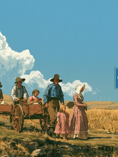 Prairie Wagon Scene Illustration Poster.