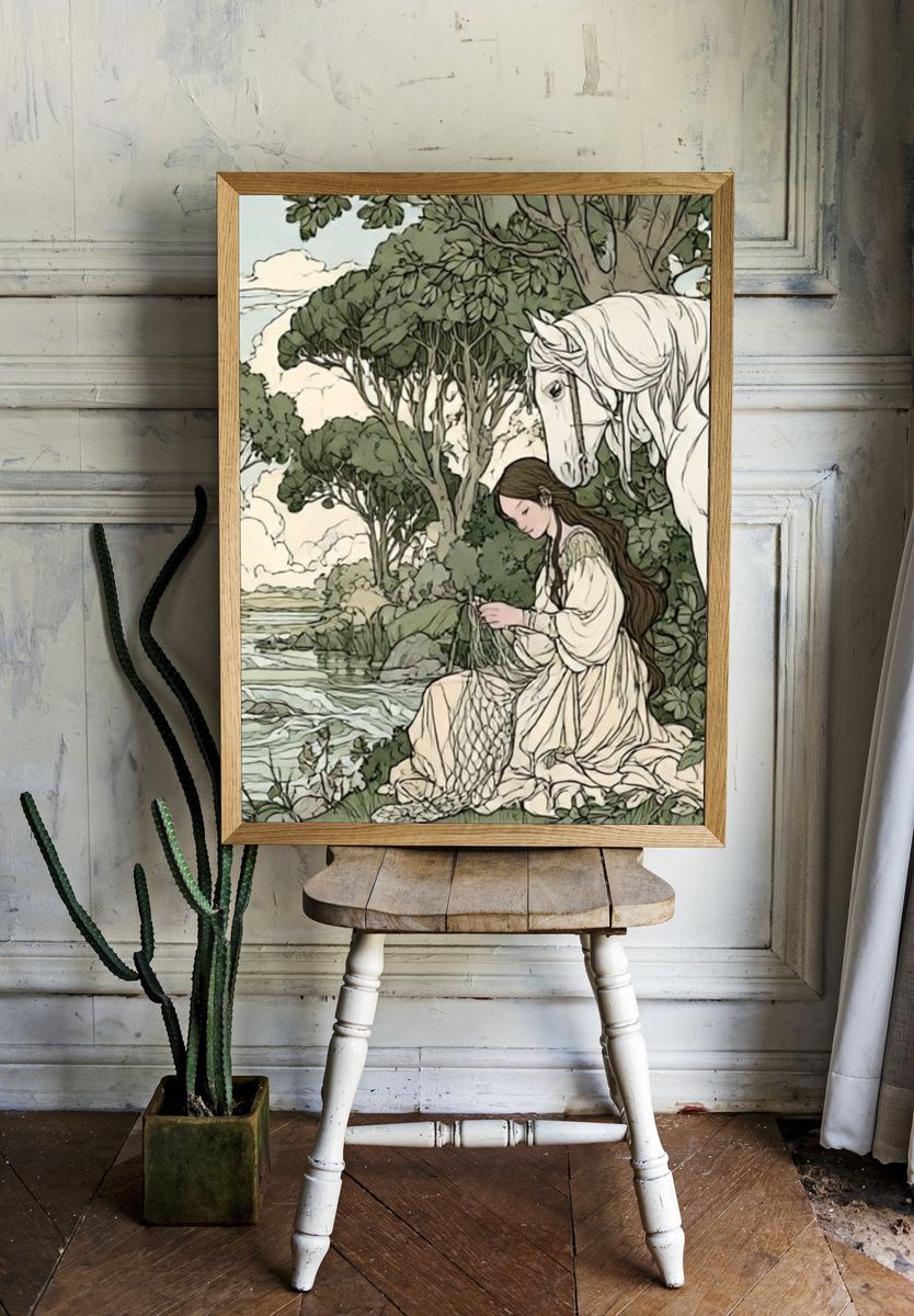 Girl and White Horse Illustration Poster. — room view 1
