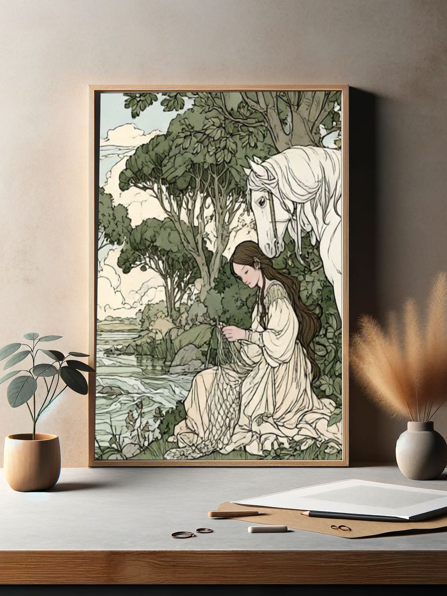 Girl and White Horse Illustration Poster. — room view 2